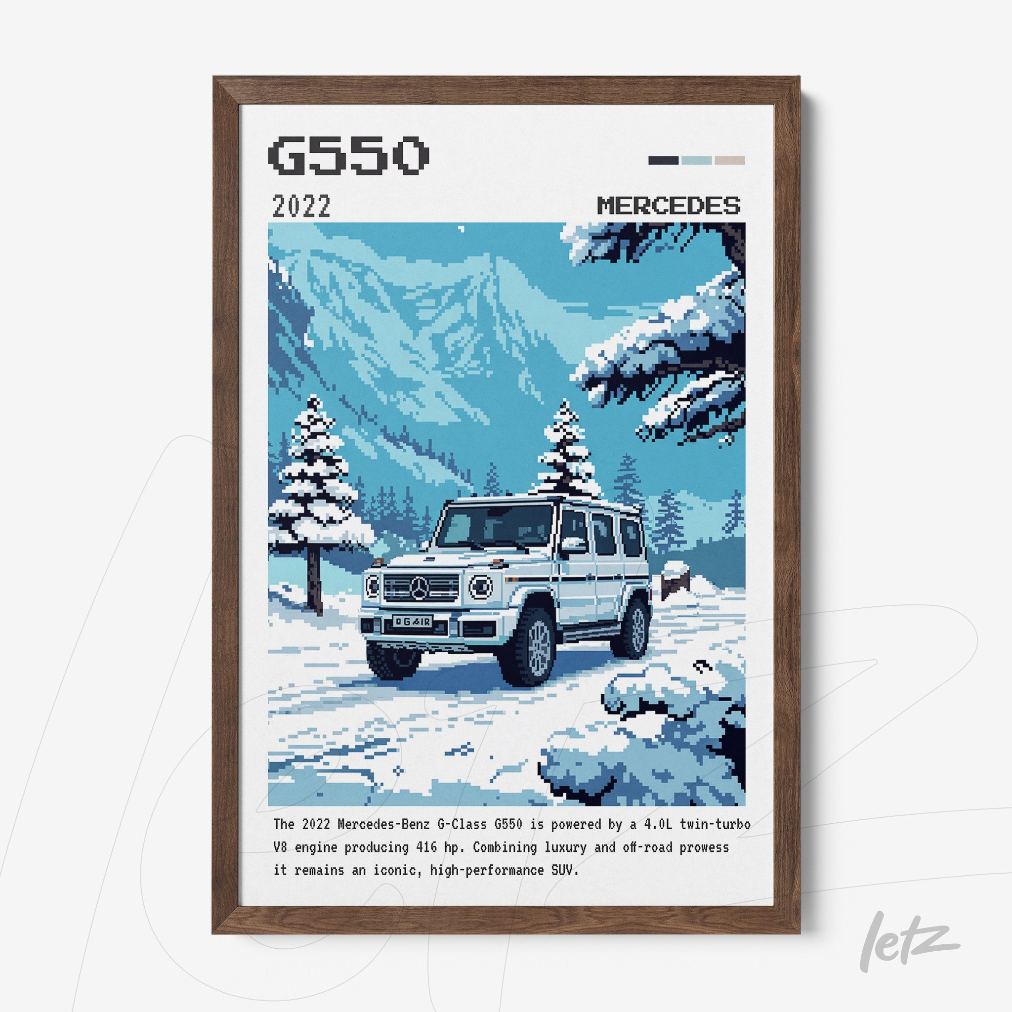quadro com arte digital do SUV Mercedes-Benz G550 2022 em uma paisagem de montanha nevada com moldura de madeira escura