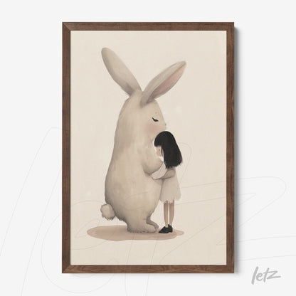 quadro com ilustração de uma menina abraçando um coelho gigante em moldura de madeira escura