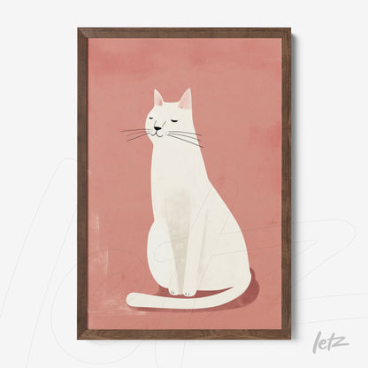 quadro com ilustração minimalista de gato branco em fundo rosa, moldura de madeira escura