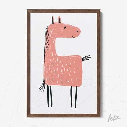quadro com ilustração de cavalo rosa estilizado em moldura de madeira escura