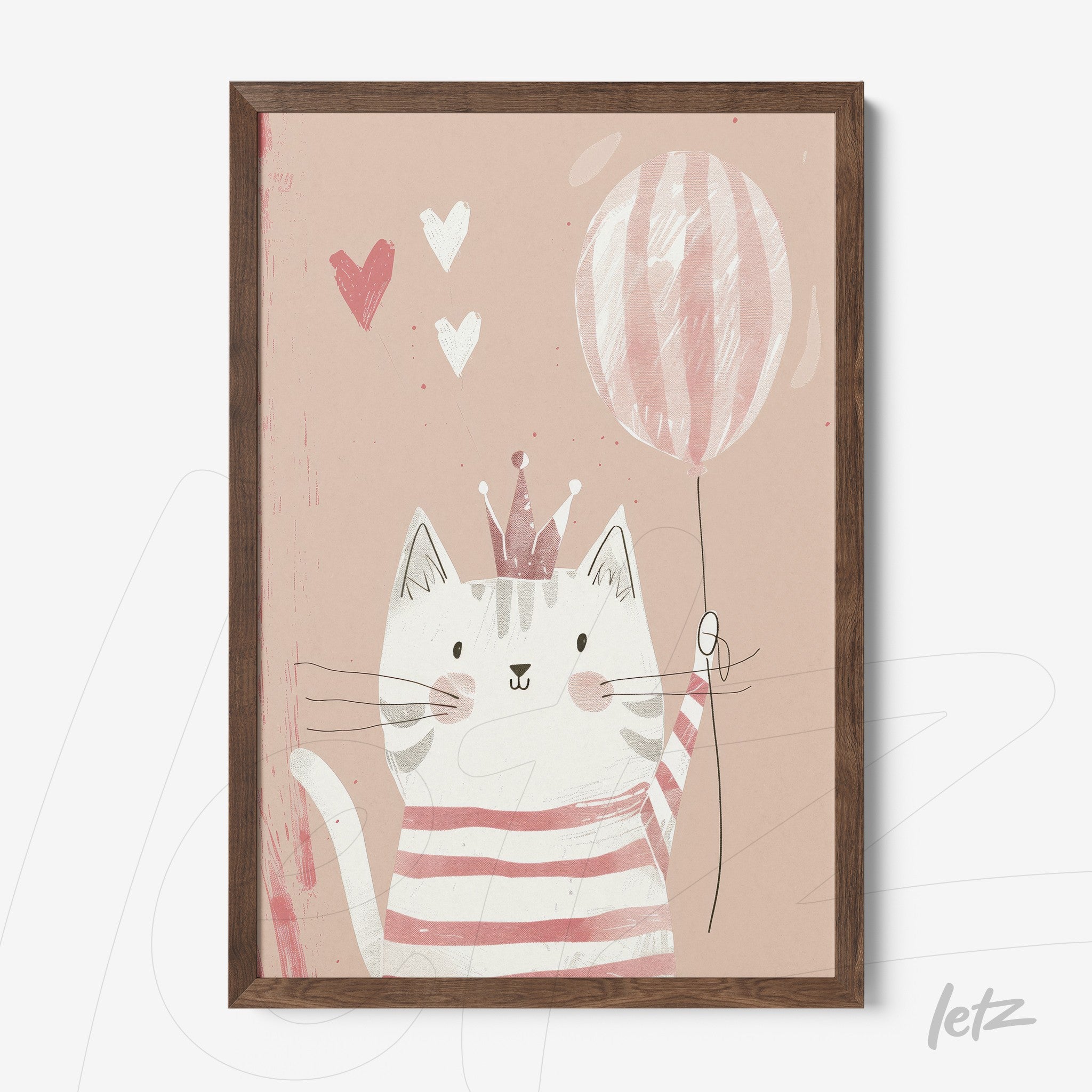 quadro com arte infantil de um gato fofo vestindo listras rosa e segurando um balão em fundo rosa claro com corações
