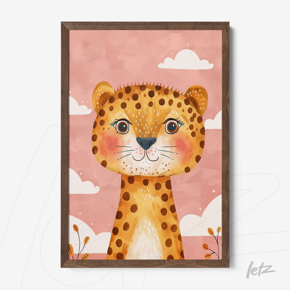 quadro com ilustração colorida de um leopardo estilizado em um fundo rosa com nuvens brancas e plantas
