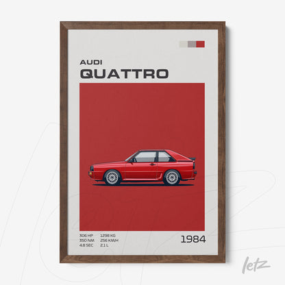 quadro com arte gráfica do carro Audi Quattro de 1984 em fundo vermelho com moldura de madeira escura