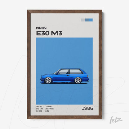 quadro com ilustração do carro BMW E30 M3 em fundo azul e moldura de madeira escura