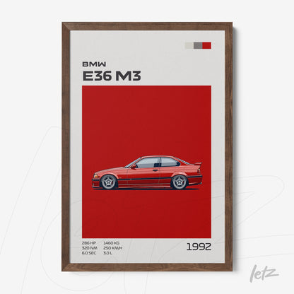 quadro decorativo com ilustração estilizada do carro BMW E36 M3 em fundo vermelho e moldura de madeira escura