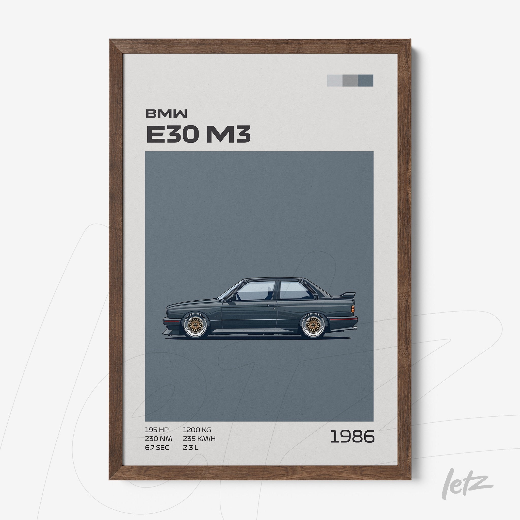 quadro com ilustração estilizada do BMW E30 M3 em moldura de madeira escura