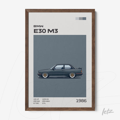 quadro com ilustração estilizada do BMW E30 M3 em moldura de madeira escura
