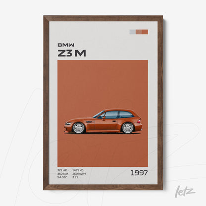 quadro com arte digital do carro BMW Z3 M emoldurado com madeira escura, fundo em tom laranja e detalhes gráficos em branco