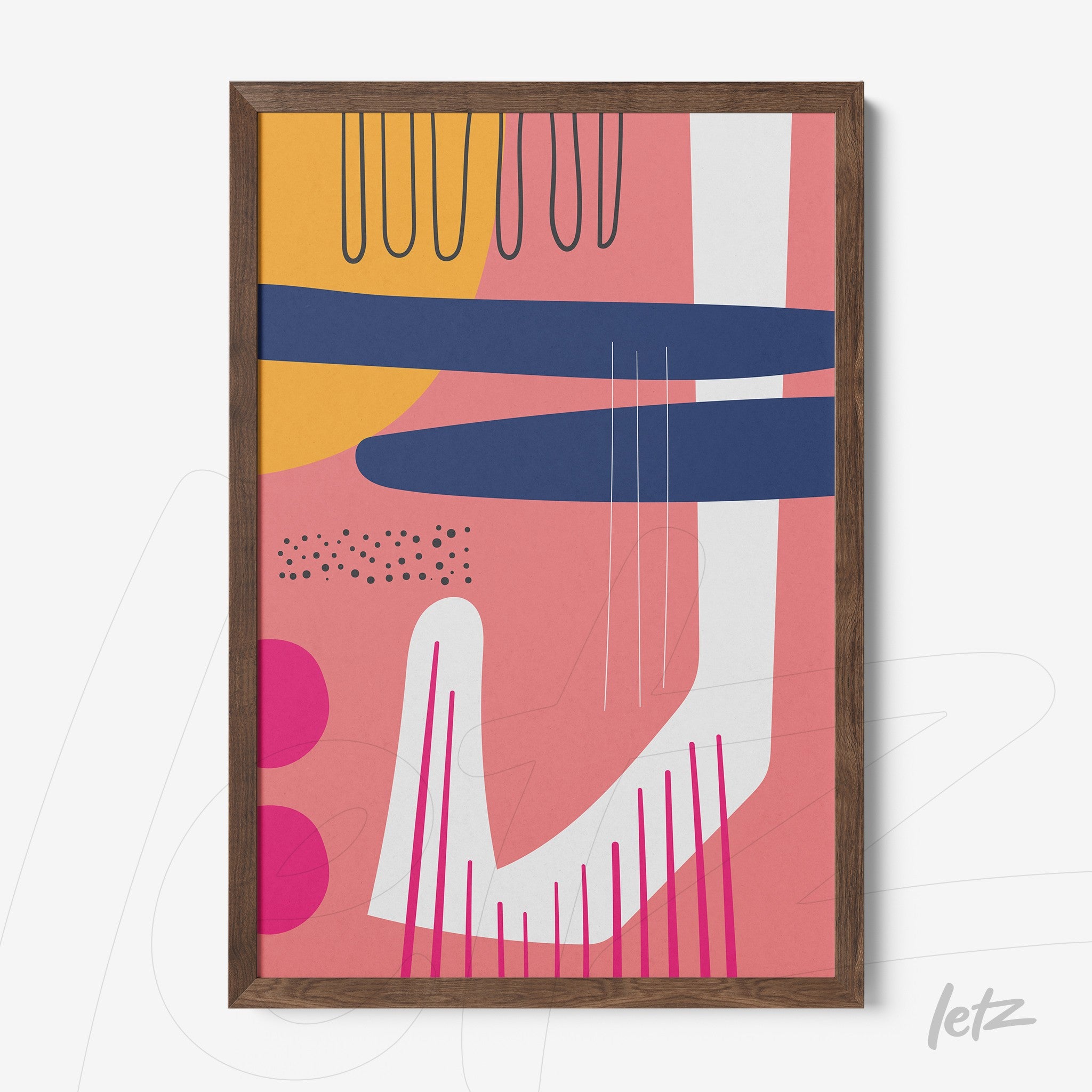 quadro moderno com formas abstratas em cores vibrantes como rosa, amarelo e azul emoldurado em madeira freijó