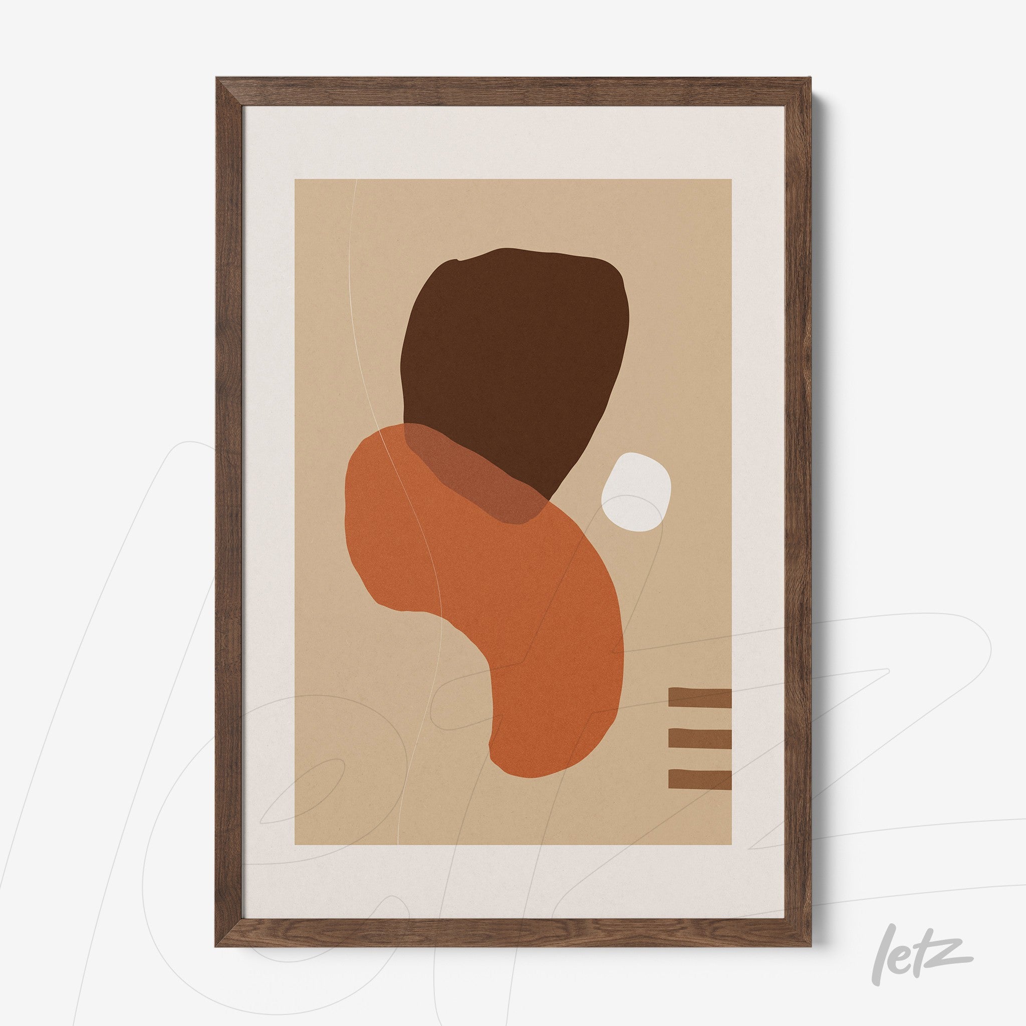 arte abstrata com formas orgânicas em tons terrosos emoldurada em madeira escura