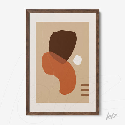 arte abstrata com formas orgânicas em tons terrosos emoldurada em madeira escura