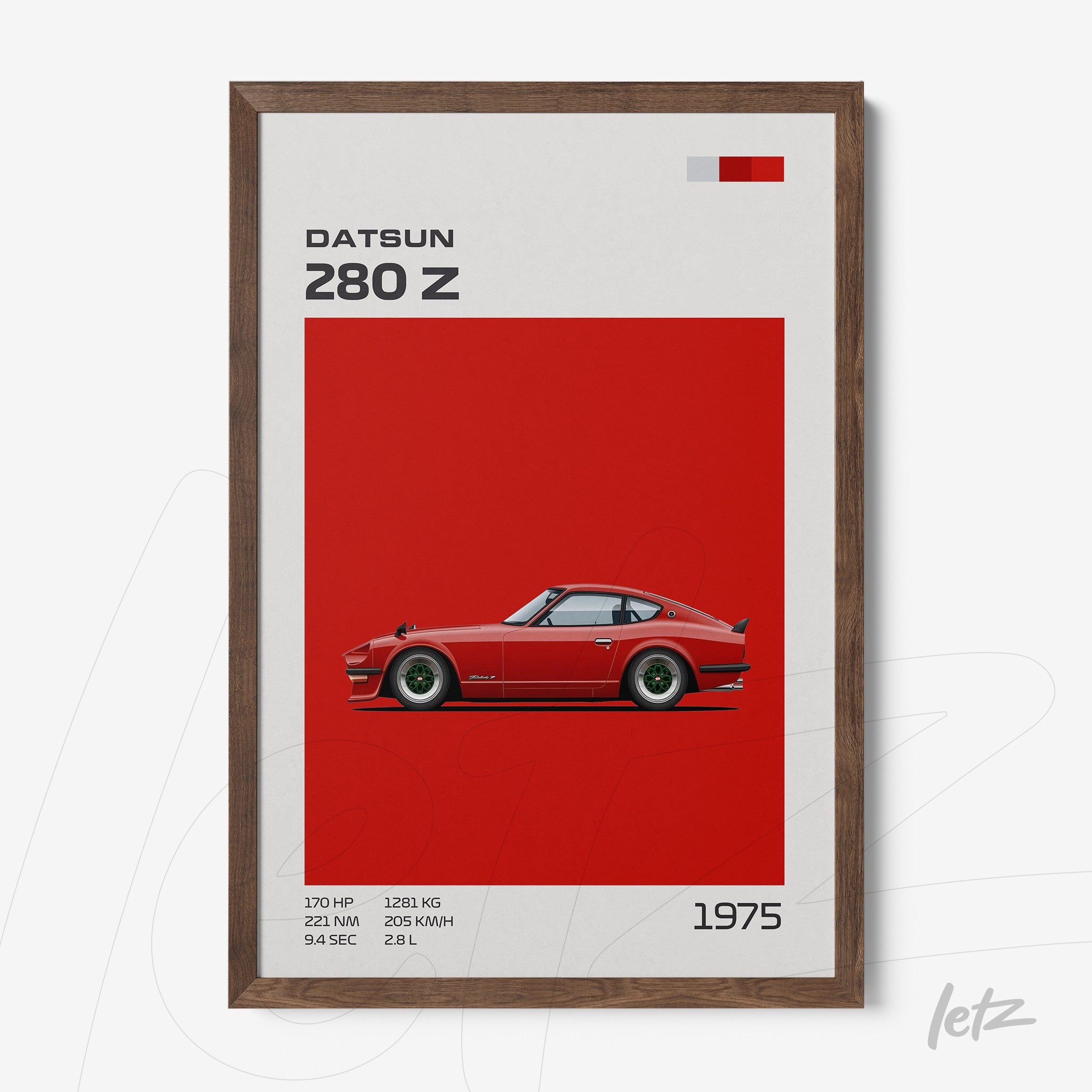 quadro com arte digital de um carro Datsun 280 Z em fundo vermelho, moldura de madeira escura