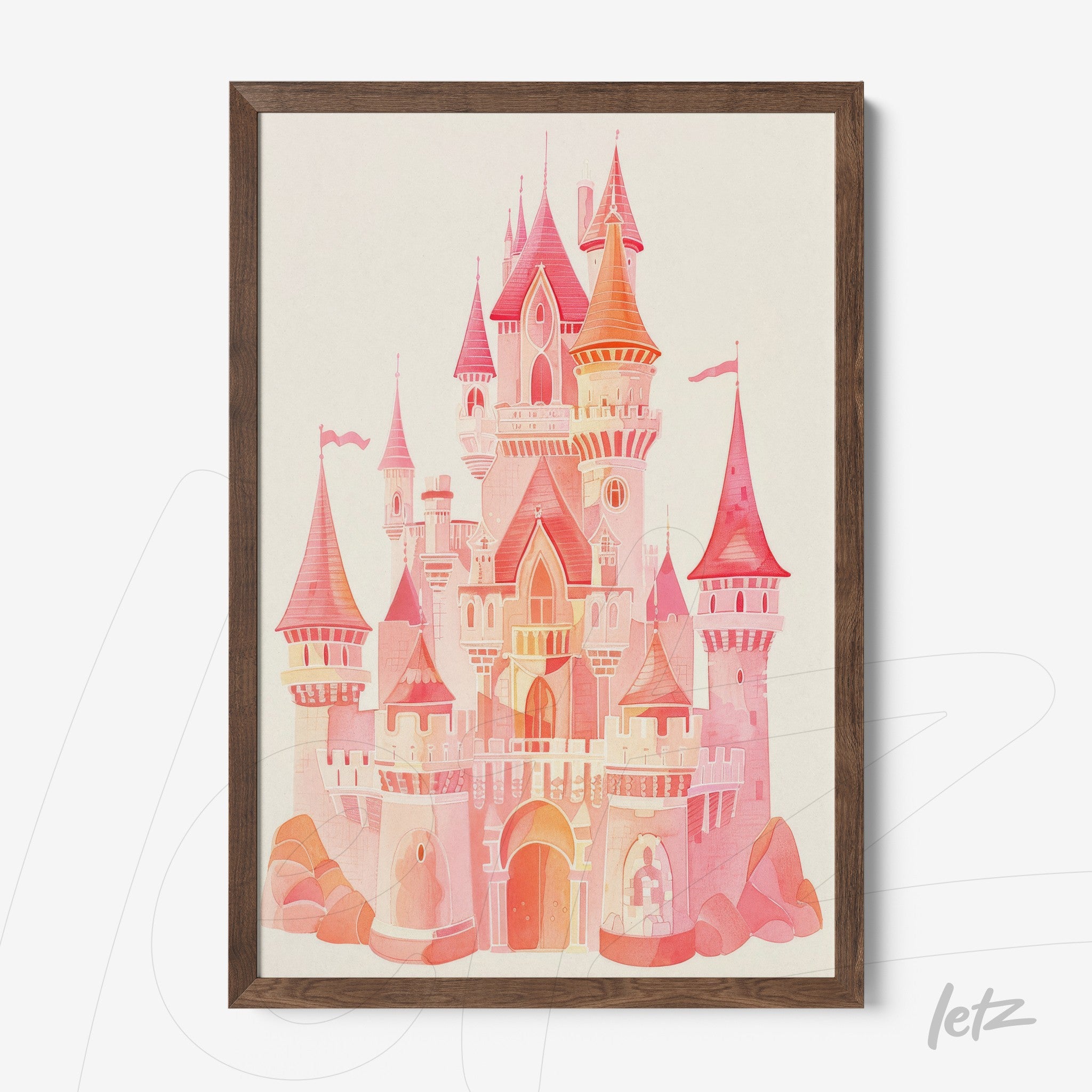 quadro com arte digital de castelo em tons de rosa e laranja com moldura madeira escura