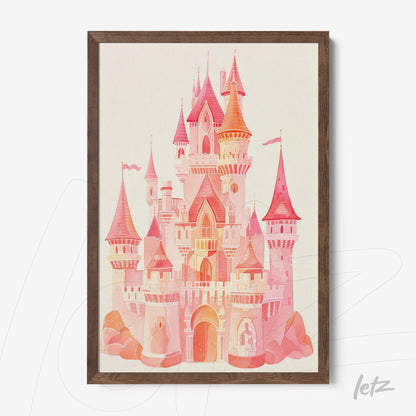 quadro com arte digital de castelo em tons de rosa e laranja com moldura madeira escura