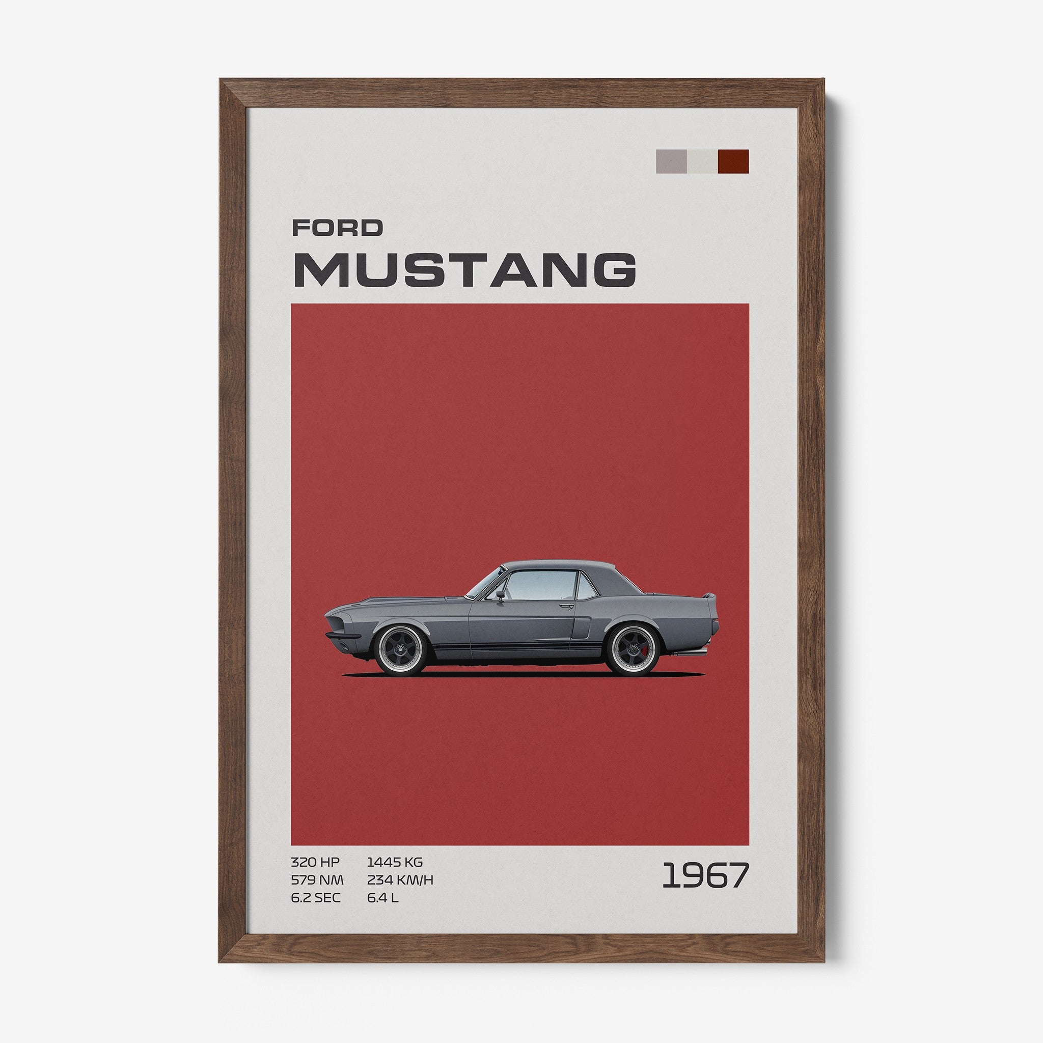 quadro com arte minimalista do carro Ford Mustang 1967 em moldura de madeira escura, fundo vermelho