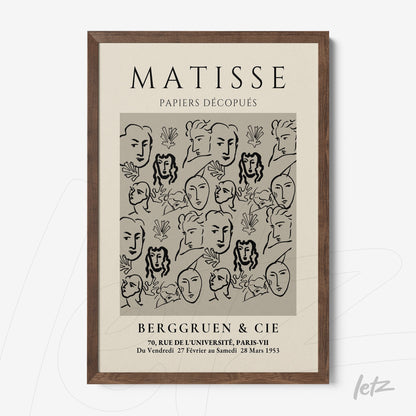 quadro com arte de linhas minimalistas representando rostos, em moldura de madeira escura