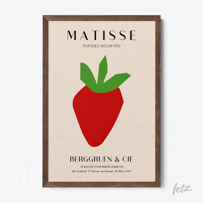 quadro com arte moderna de morango estilizado em moldura de madeira escura