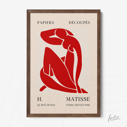 quadro com arte em vermelho inspirada em Matisse, apresentando figura feminina sentada em fundo creme, moldura de madeira escura