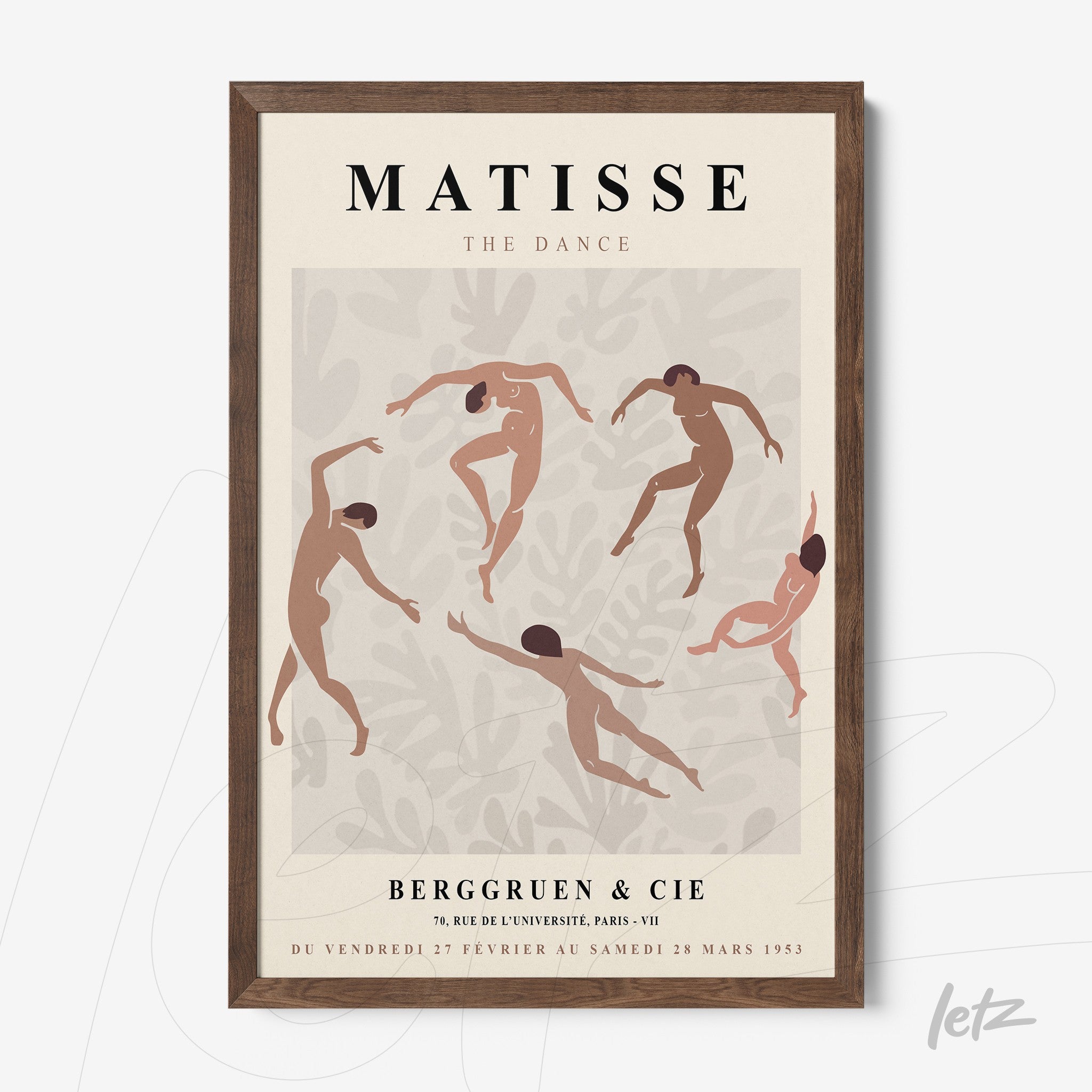 quadro em estilo retro com ilustração de dança de figuras nuas sobre fundo claro, emoldurado com madeira escura