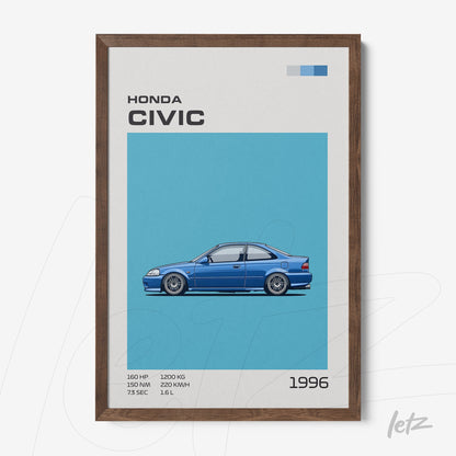 quadro decorativo com ilustração do carro Honda Civic de 1996 em moldura de madeira escura sobre fundo azul claro