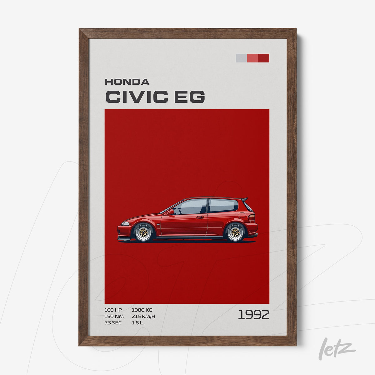 quadro com ilustração digital de um carro Honda Civic EG em fundo vermelho, moldura de madeira escura