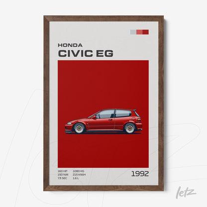 quadro com ilustração digital de um carro Honda Civic EG em fundo vermelho, moldura de madeira escura