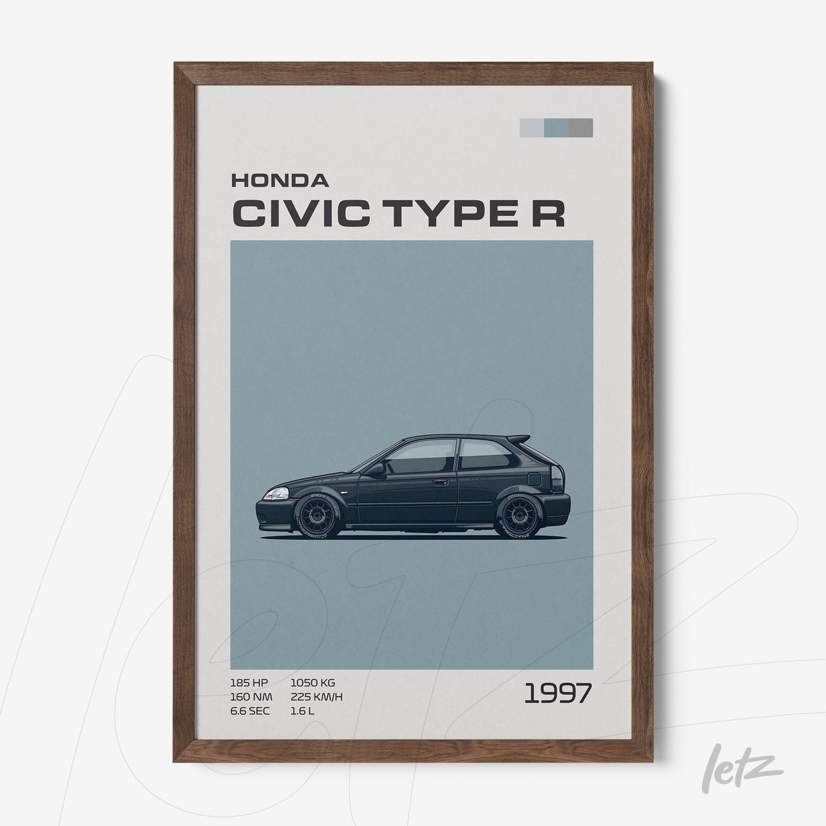 quadro com arte digital do carro Honda Civic Type R 1997 em moldura de madeira escura