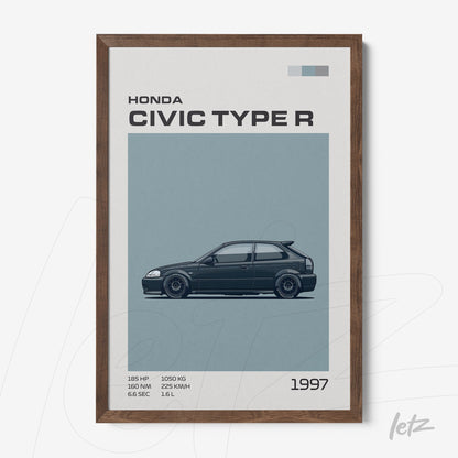 quadro com arte digital do carro Honda Civic Type R 1997 em moldura de madeira escura