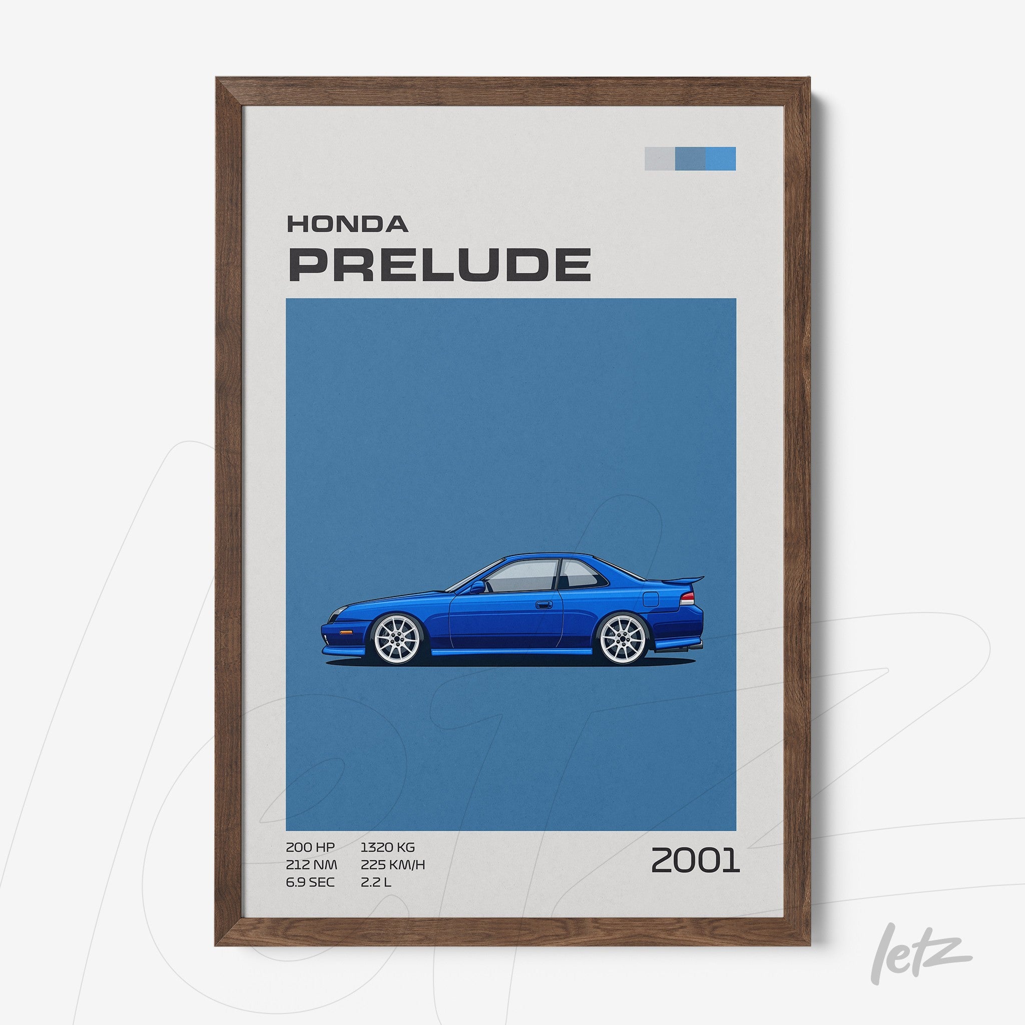 quadro com arte digital do carro Honda Prelude 2001 em fundo azul e moldura de madeira escura