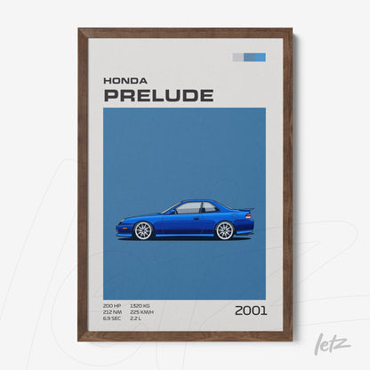 quadro com arte digital do carro Honda Prelude 2001 em fundo azul e moldura de madeira escura