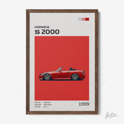 quadro com ilustração da Honda S2000 em fundo vermelho vibrante e moldura de madeira escura
