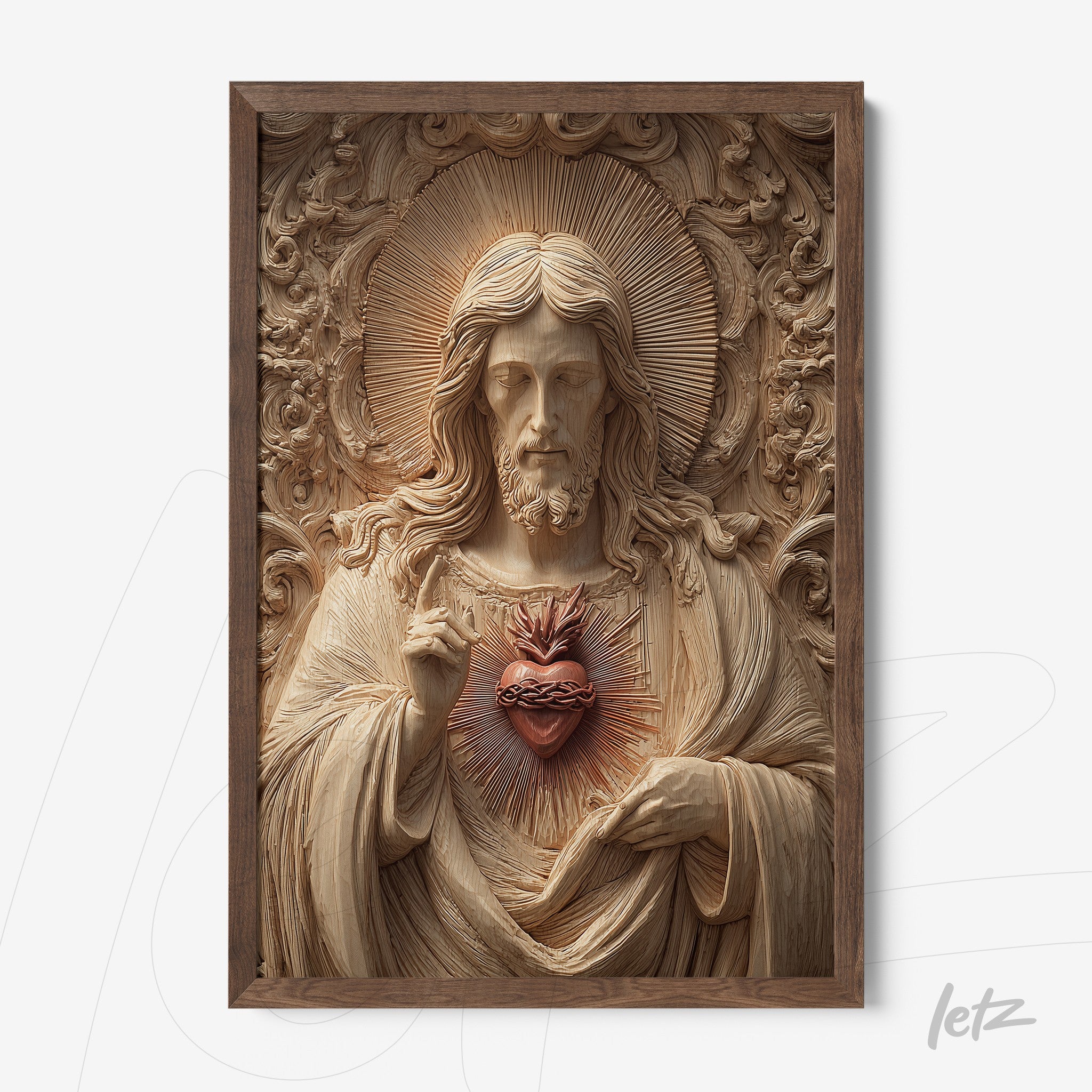 quadro com escultura em madeira do Sagrado Coração de Jesus em moldura marrom