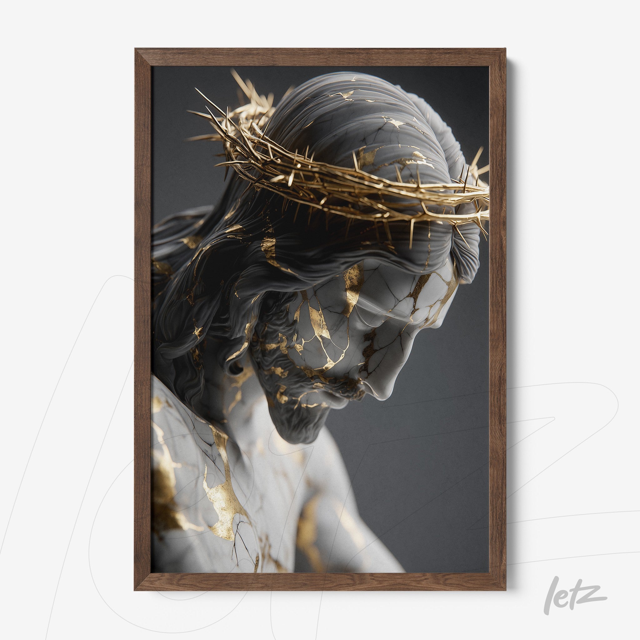 quadro com escultura de Cristo em detalhes com textura de mármore e folha de ouro em moldura de madeira escura
