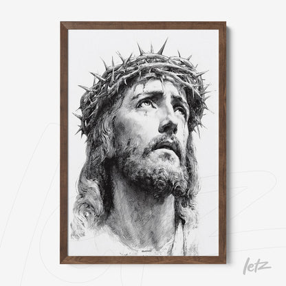 quadro com retrato em preto e branco de Jesus Cristo coroado de espinhos em moldura de madeira escura