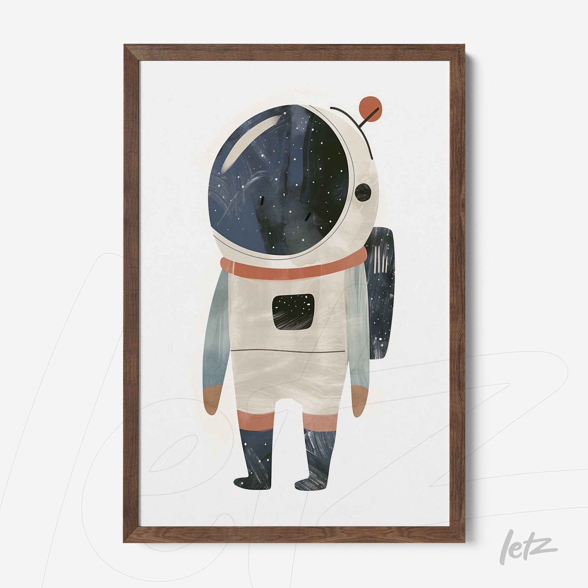 quadro com ilustração de astronauta colorido em moldura de madeira escura