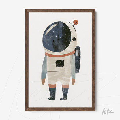 quadro com ilustração de astronauta colorido em moldura de madeira escura
