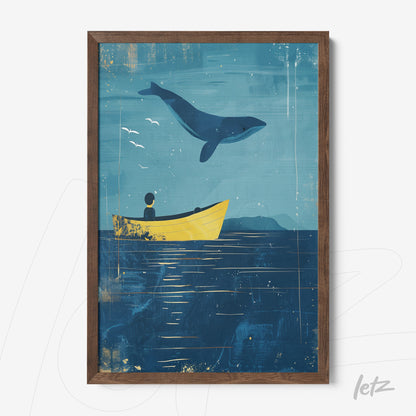 quadro inspirado em cena náutica com um barco amarelo e uma baleia saltando ao fundo, moldura de madeira escura