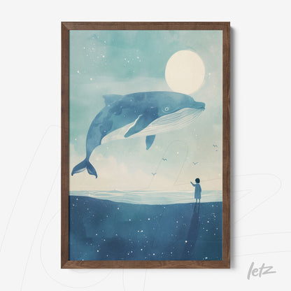 quadro com ilustração em azul de uma baleia gigante flutuando sobre um menino em uma praia sob a luz do luar em moldura de madeira escura