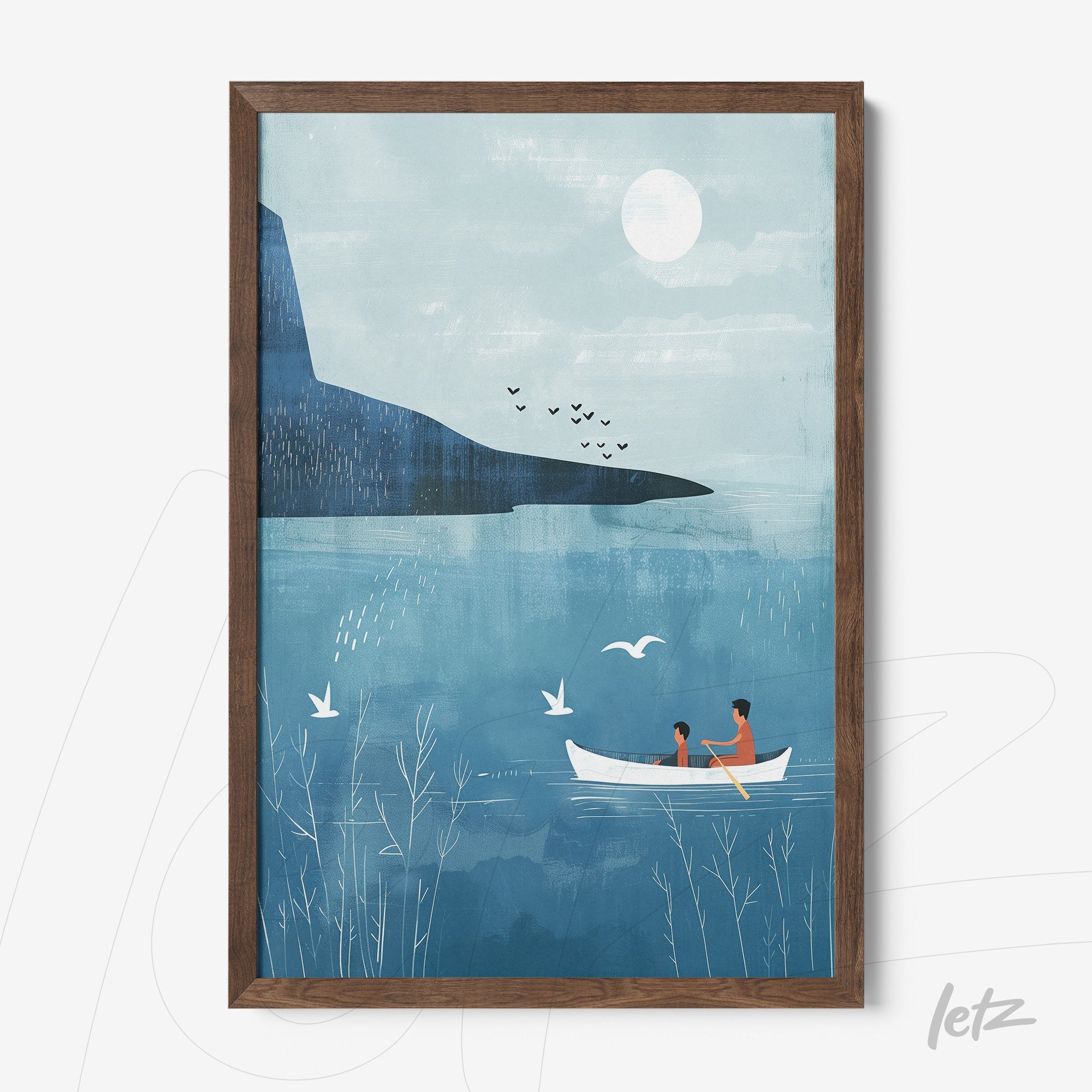 quadro com arte ilustrativa de um casal em um barco em lagoa sob céu azul e montanha ao fundo em moldura de madeira escura