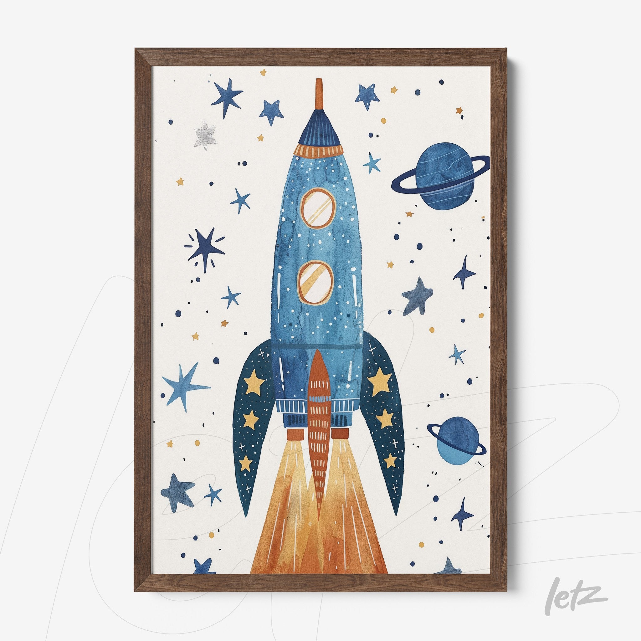 quadro com ilustração de foguete azul em fundo com estrelas e planetas, moldura marrom escura