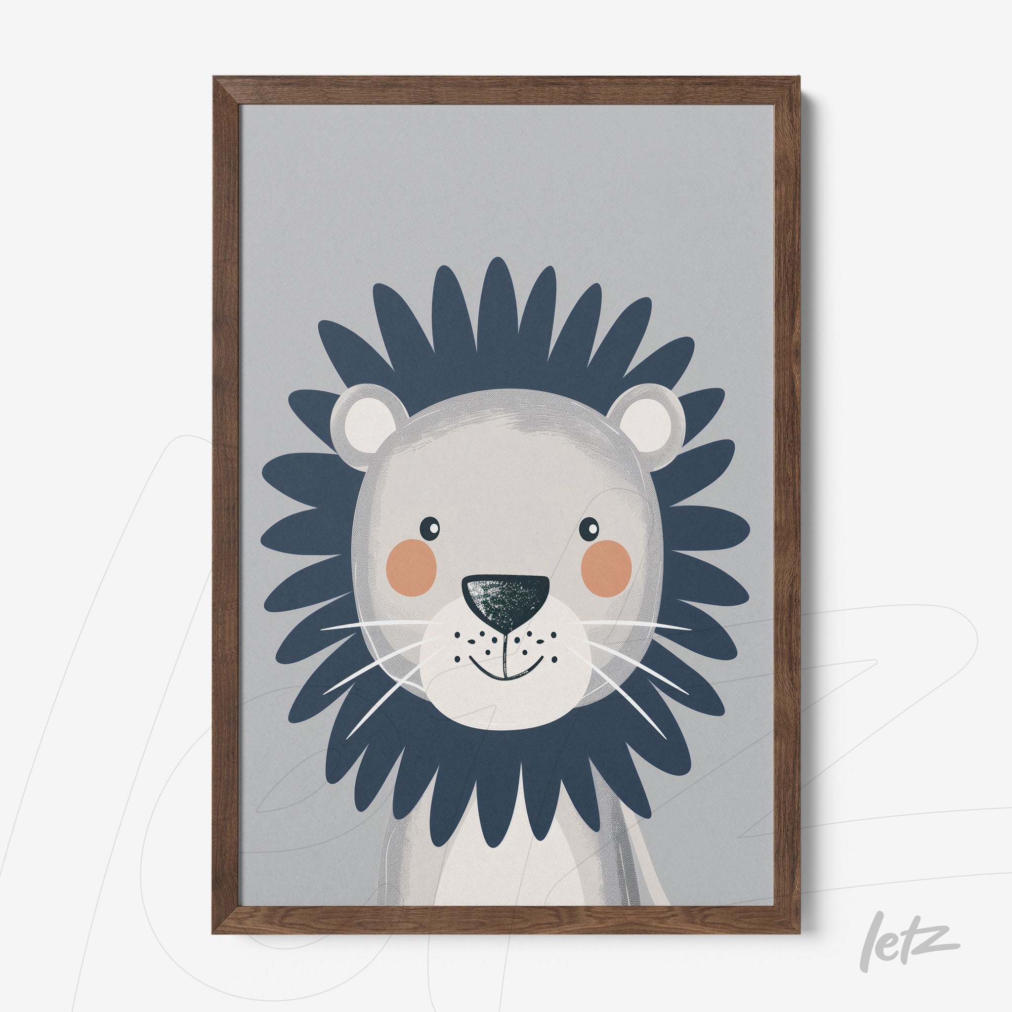 quadro com ilustração de leão estilizado em moldura de madeira escura