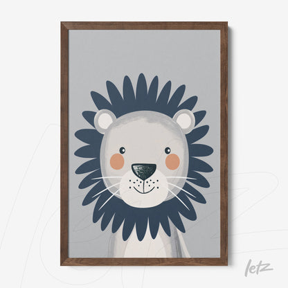 quadro com ilustração de leão estilizado em moldura de madeira escura