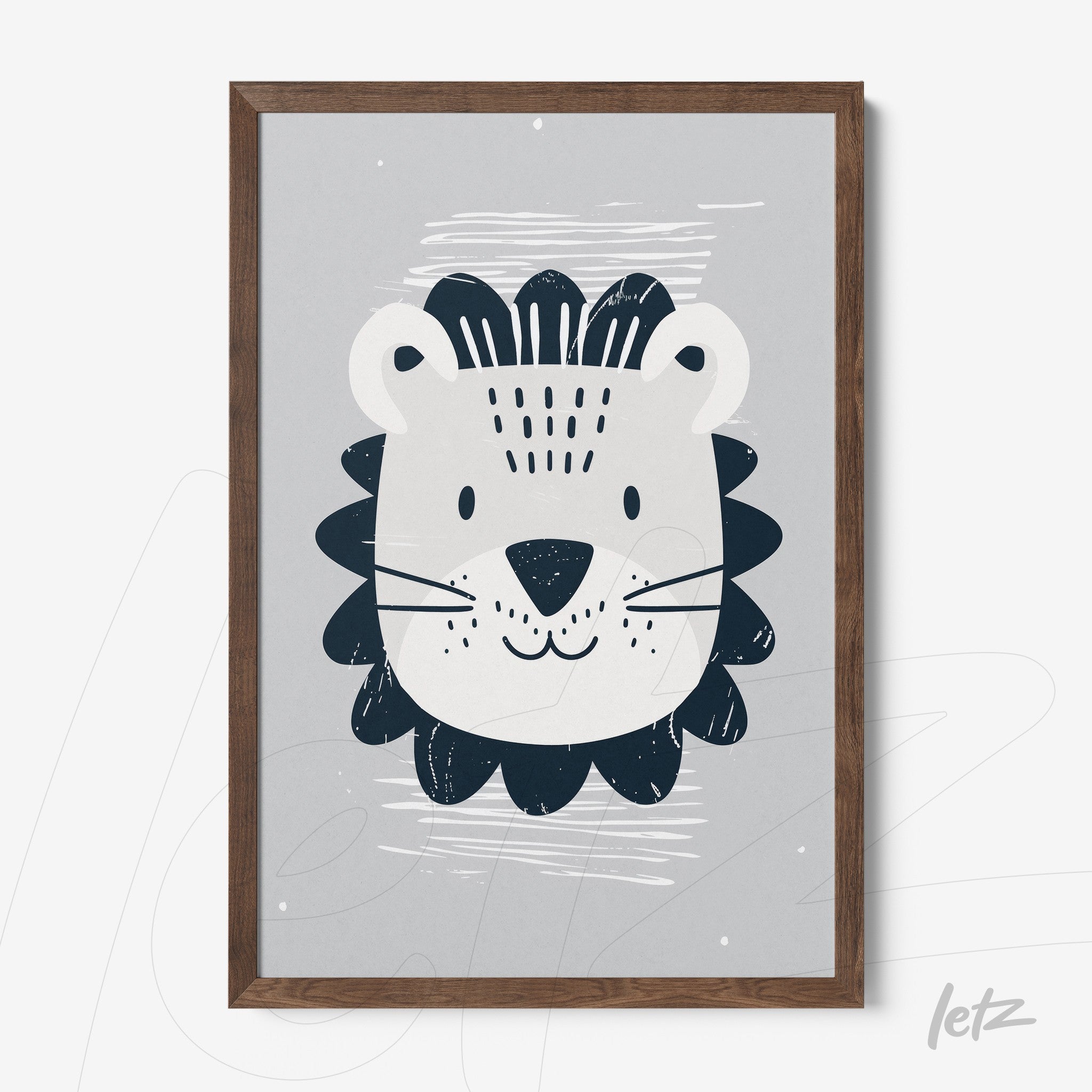 quadro com ilustração de leão estilizado em fundo cinza e moldura de madeira escura