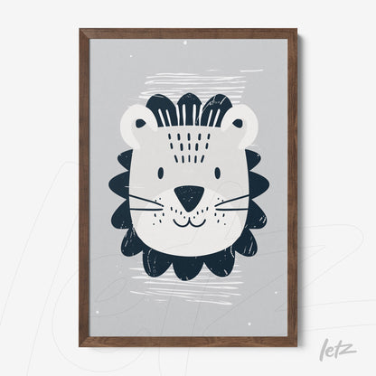 quadro com ilustração de leão estilizado em fundo cinza e moldura de madeira escura