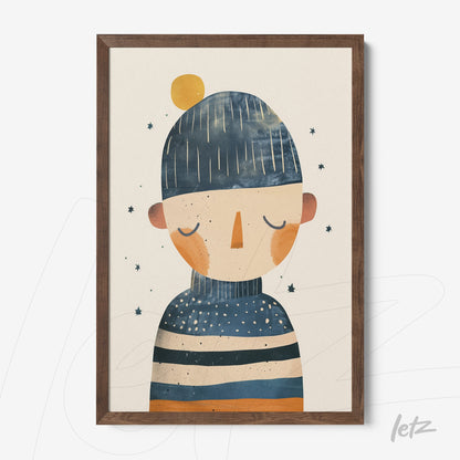 quadro com ilustração de personagem em tons azuis e laranja usando um gorro e suéter listrado em moldura de madeira clara
