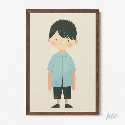 quadro com ilustração infantil de um menino com camisa azul e calças pretas em moldura de madeira escura