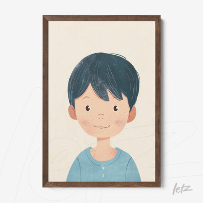 quadro com ilustração de menino sorridente com cabelo curto e castanho em moldura de madeira escura