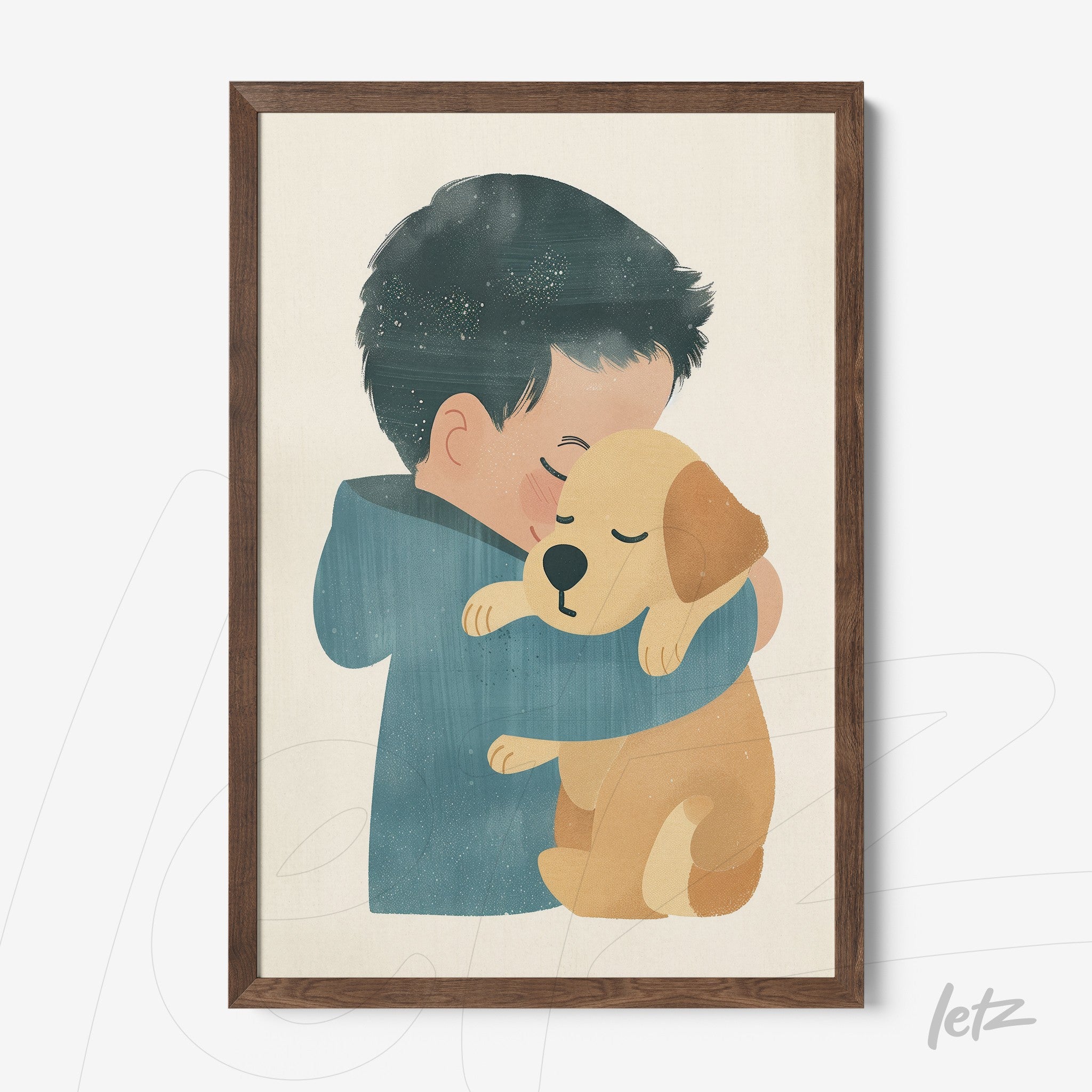 quadro emoldurado com ilustração de menino abraçando um cachorro dourado em fundo claro