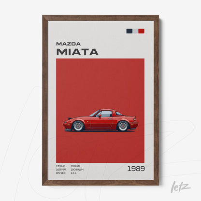 quadro com ilustração de carro esportivo Mazda Miata em fundo vermelho, com detalhes sobre desempenho e ano de 1989, moldura marrom escura