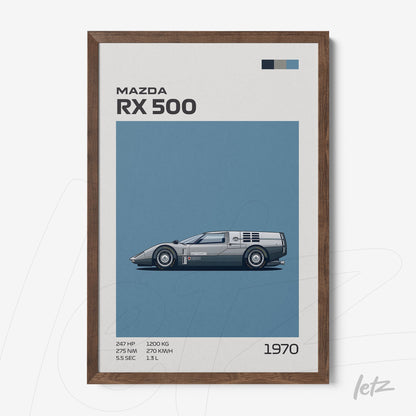 quadro com ilustração do carro Mazda RX 500 em moldura de madeira escura